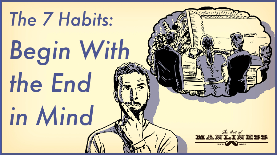 A man with a beard is contemplating in a thought bubble, practicing the 7 Habits to Begin With the End in Mind.