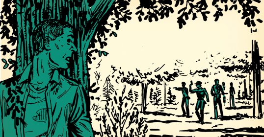 A black and white illustration of people evading in a wooded area.