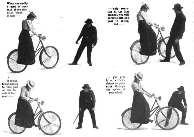 Illustration of a vintage woman learning bicycle.