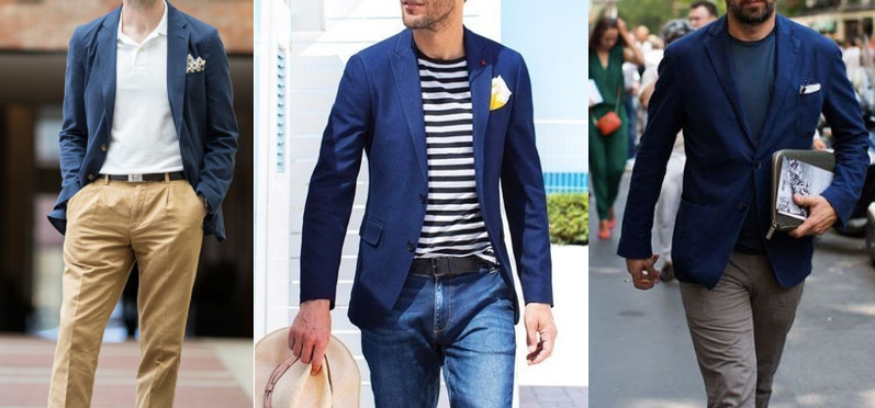 Wearing navy blue blazer with casuals.