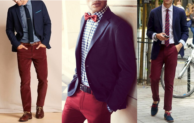 grey pants and burgundy shirt