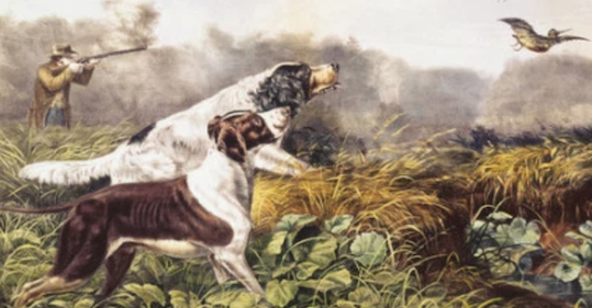 A painting of two dogs engaged in sport hunting.