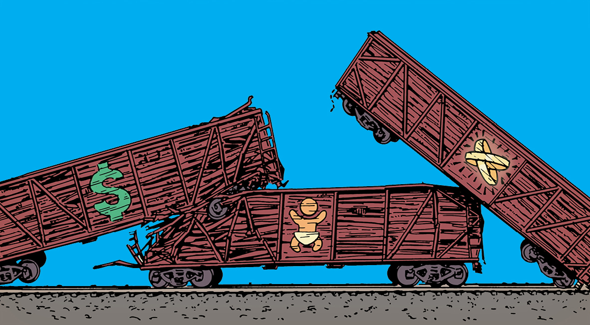 A cartoon illustration of a train with a dollar sign on it, avoiding a 3-car pile-up.