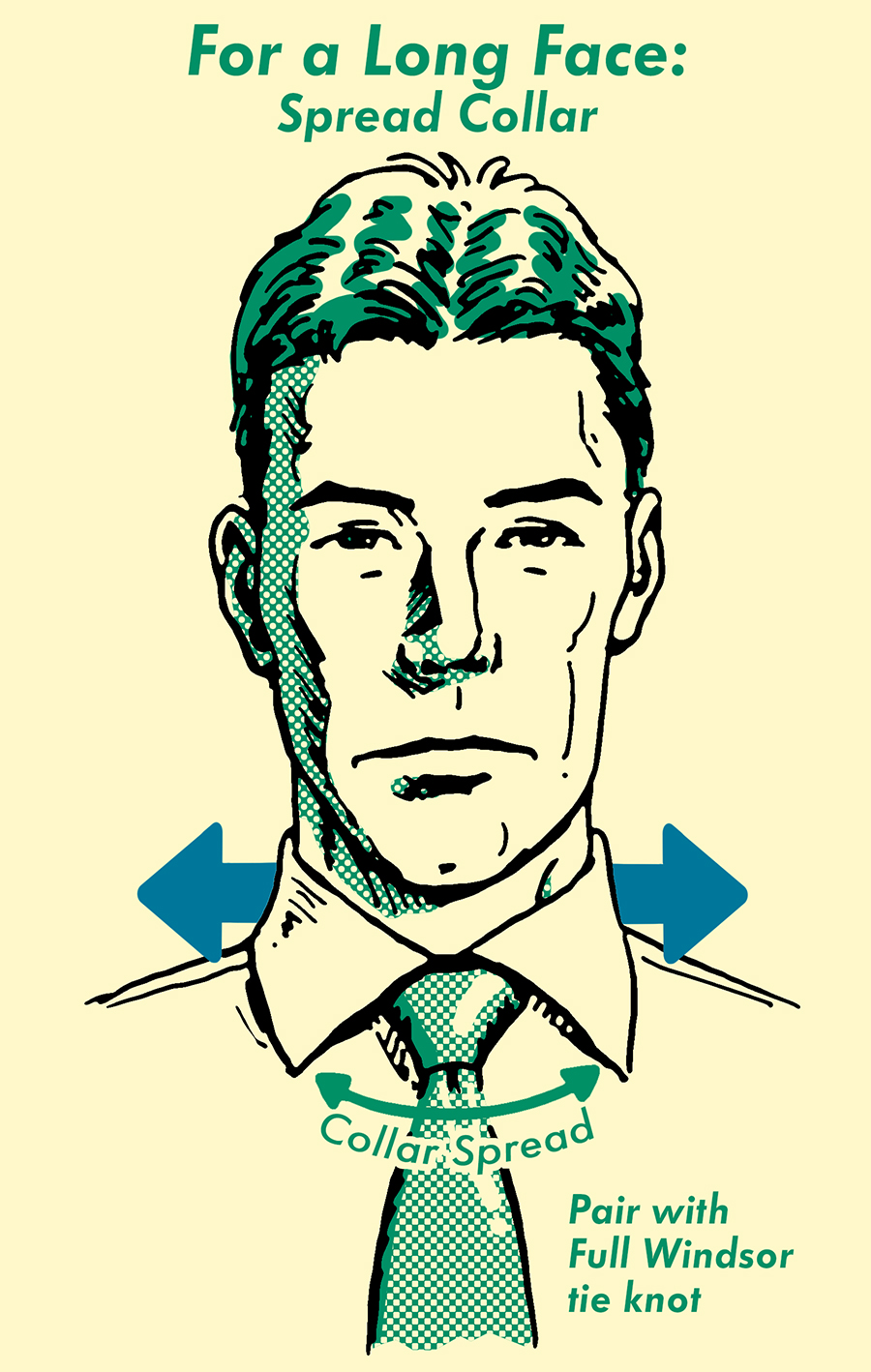 A long face man with spread collar illustration.