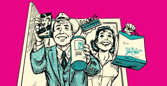 An illustration of a man and his wife holding a phone and a bag.