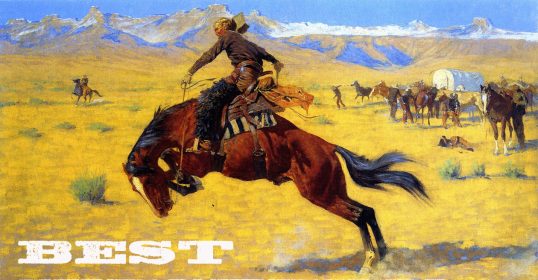 A man riding a horse in the desert, reminiscent of scenes from western novels.