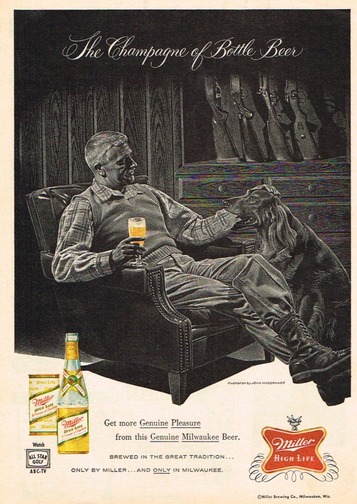 Vintage man holding a glass of Miller High beer and another hand on dog ad.