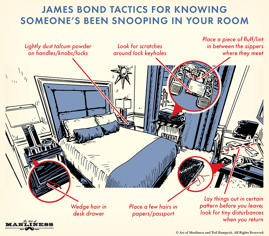 Illustration about James Bond tactics for knowing someone's been snooping in the room.