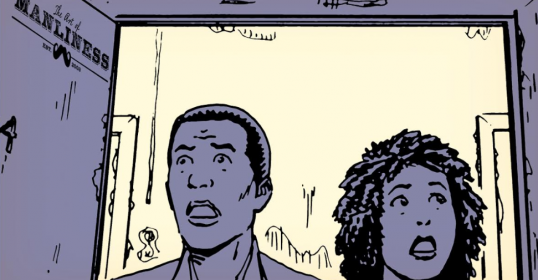 A cartoon of a man and woman standing in front of a hotel room door.