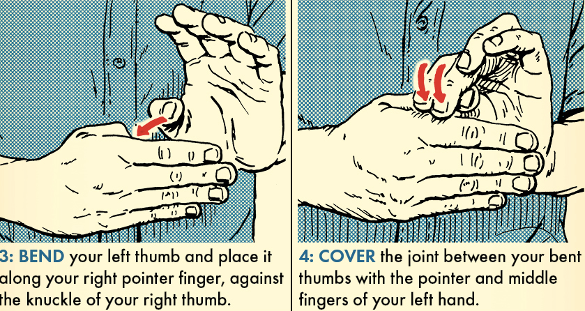 A hand demonstrating Uncle Tricks for creating a splint for a thumb.
