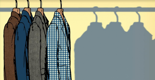 A drawing of sport coats hanging on a hanger in a well-rounded wardrobe.