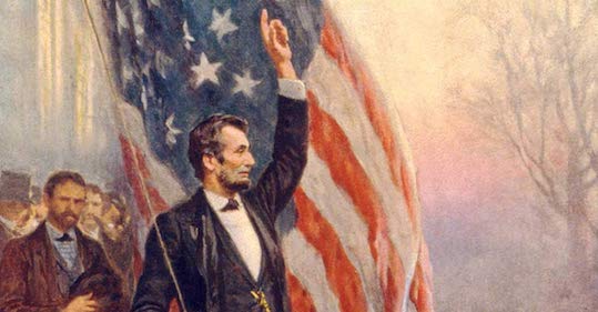 A painting of Abraham Lincoln proudly waving an American flag, showcasing his leadership during turbulent times.