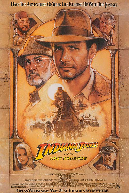 Cover page of the movie "Indiana Jones and the last Crusade" in which main characters are shown. 