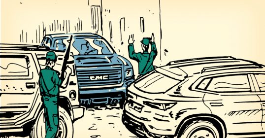 A drawing of two men standing next to a car at a roadblock.