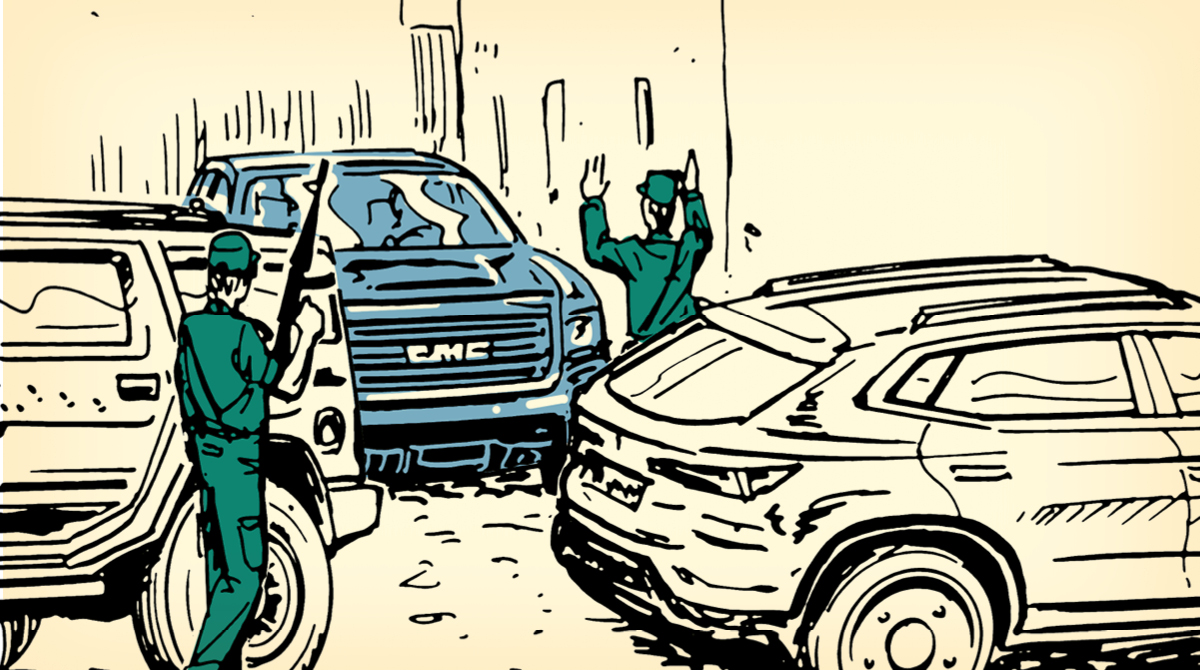 A drawing of two men standing next to a car at a roadblock.