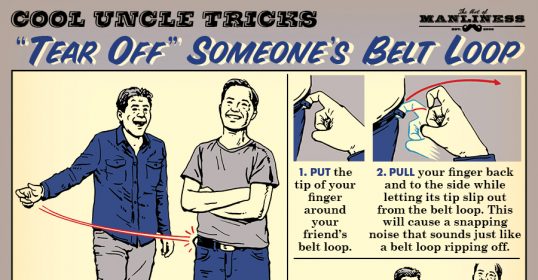 The cool uncle tricks someone by tearing off their belt loop.
