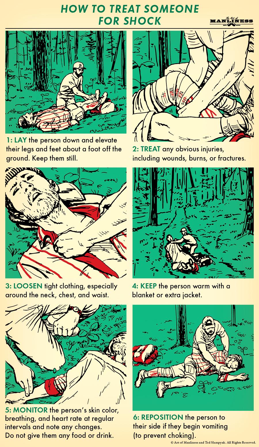 A poster illustrating how to treat someone in shock during an emergency.