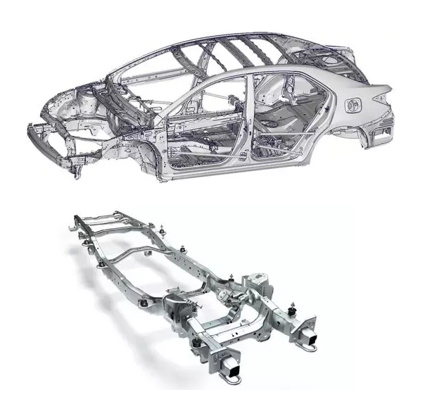 frame and body are all one structure; in a body-on-frame vehicle (bottom), ...