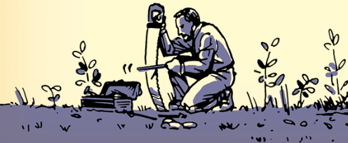 An illustration of a man in a field sharpening the saw.