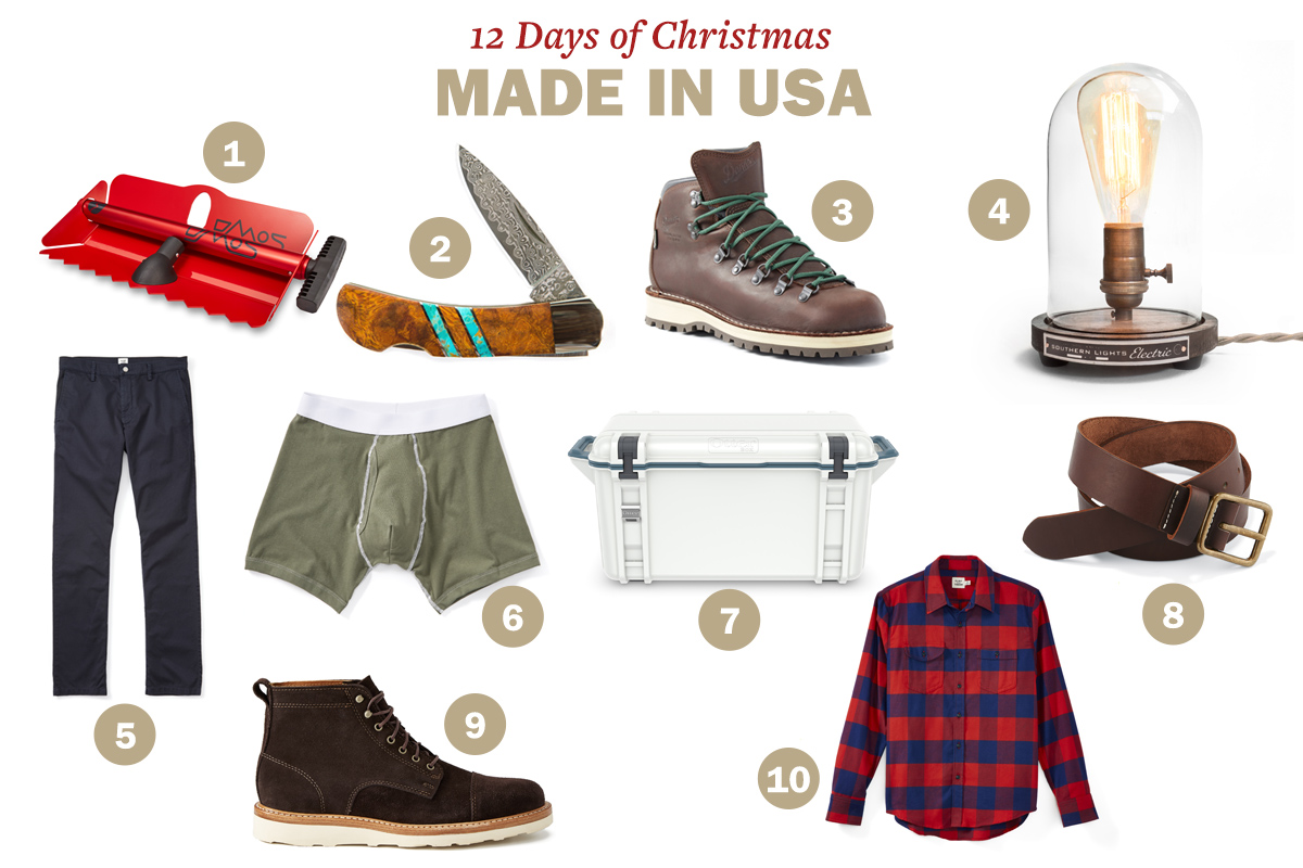 Collection of ten products including tools, clothing, and accessories, numbered and labeled as "12 Days of Christmas Made in USA." Items include a knife, boots, lamp, pants, underwear, cooler, shirt, and belt.