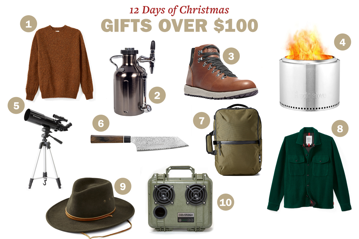 A collage of ten gifts over $100, including a sweater, growler, hiking boot, fire pit, telescope, knife, backpack, green jacket, hat, and a camera. The title reads "12 Days of Christmas Gifts Over $100".