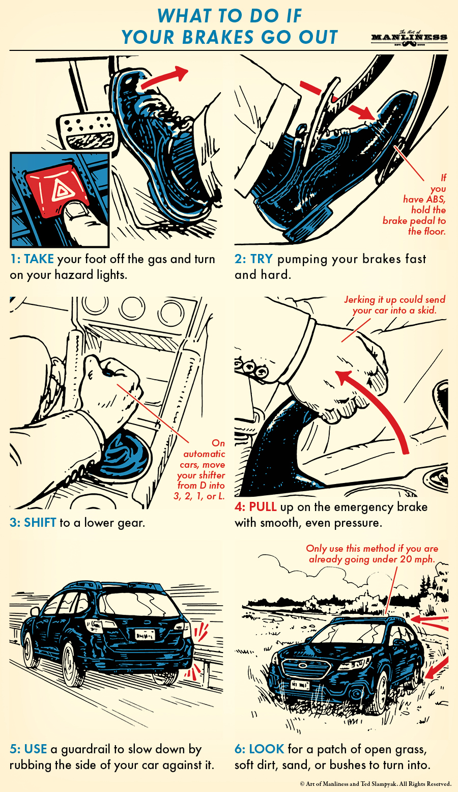 Illustration of what to do when your brakes go out.