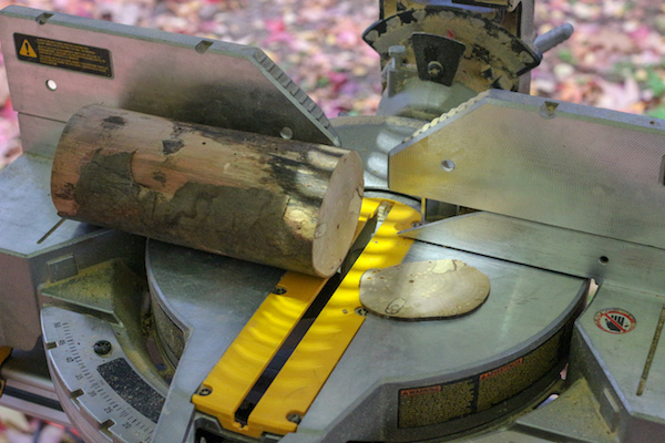 Cutting coaster with power miter saw.