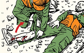 A person is skillfully tending to the injured leg of another lying on the ground, marked by a red arrow, treating what appears to be a gunshot wound.