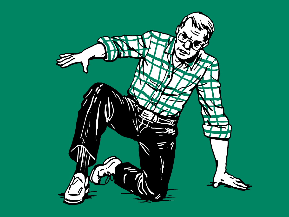 Predict the man in the plaid shirt's mortality with a simple test as he lays on the ground.