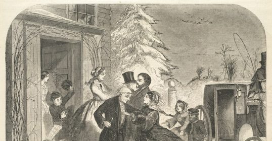 An old illustration of a man and woman standing in front of a carriage as guests.