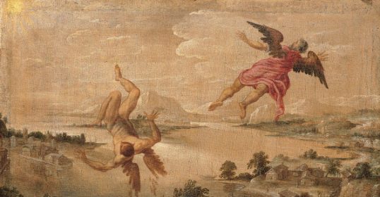 A painting of an angel flying over a serene lake, embodying grandiosity.