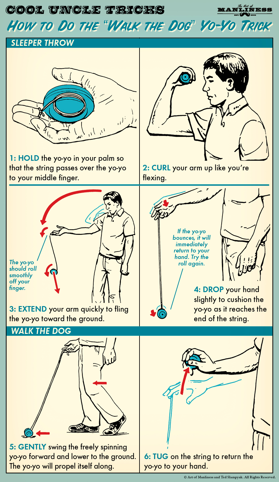 Comic guide to walk the dog with a Yo-Yo.