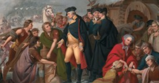 A painting of George Washington and his men during the Revolutionary War at Valley Forge.