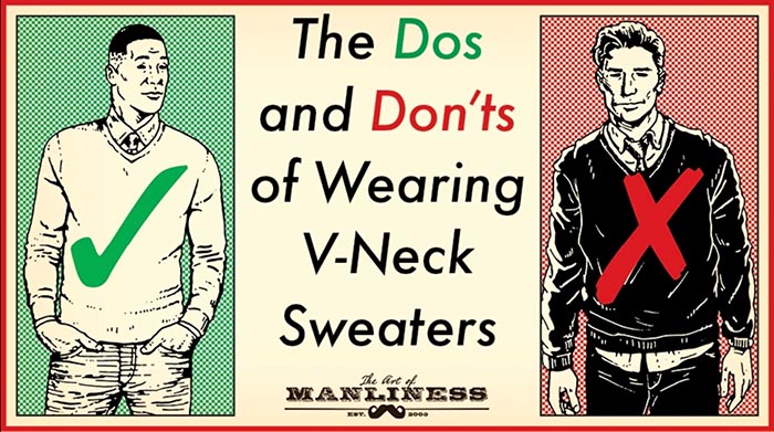 A man on a left wearing v-neck sweater properly and on right in wrong way.
