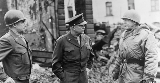 Three generals discussing WWII on a podcast.