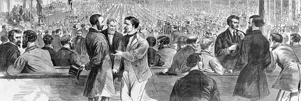 A vintage drawing of a crowd of people, each seeming to hold secrets.