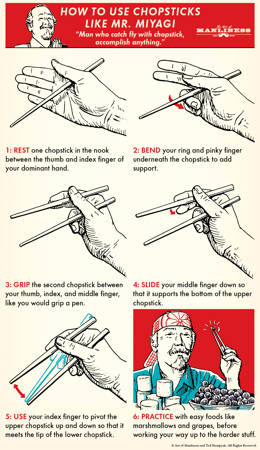 Learn how to use chopsticks with this informative poster, featuring tips and tricks from Mr. Miyagi.