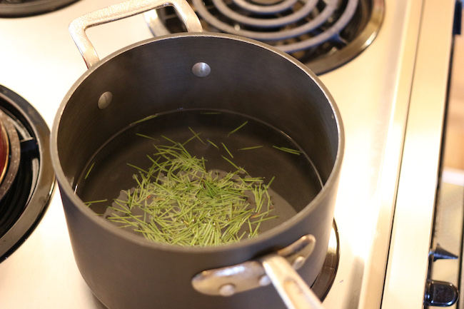 Douglas fir needles in a pan.