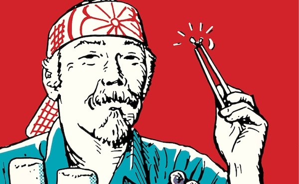 Illustration of a man with a headband, reminiscent of Mr. Miyagi, deftly holding a small object between chopsticks against a red background—perfect for Skill of the Week.