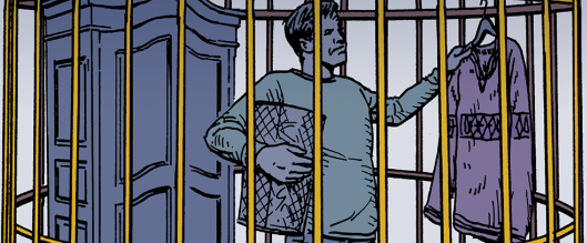 A cartoon of a man in a gilded cage.