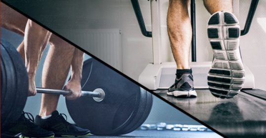 A man and woman lifting weights.