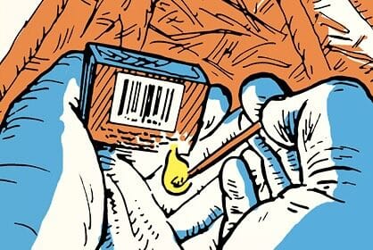 Illustration of hands demonstrating the skill of the week: precisely holding one match, lit and glowing, near a matchbox adorned with a barcode.