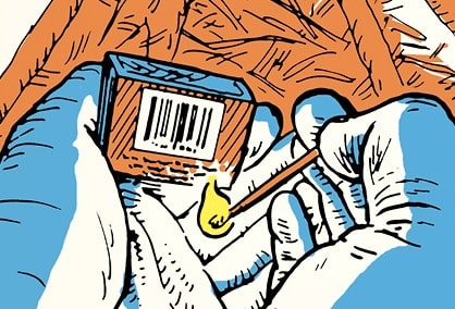 Illustration of hands demonstrating the skill of the week: precisely holding one match, lit and glowing, near a matchbox adorned with a barcode.