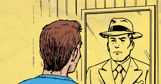 A cartoon illustration of a man looking at himself in a mirror, capturing the essence of today's generation.