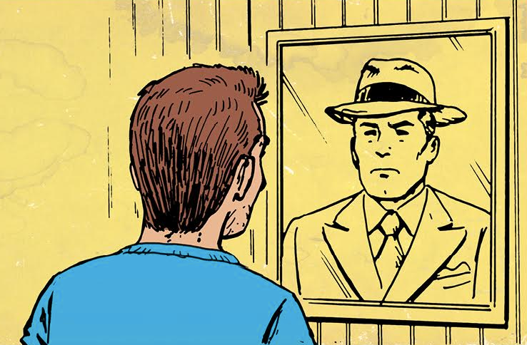 A cartoon illustration of a man looking at himself in a mirror, capturing the essence of today's generation.