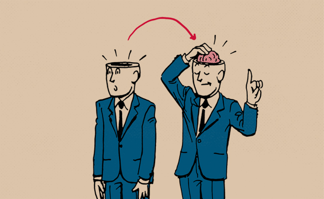A cartoon illustration of two men with their heads pointing towards each other.