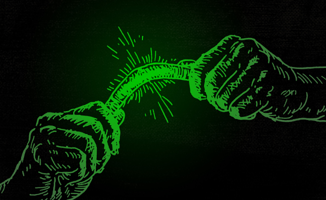 A pair of hands holding a glowing green string, evoking feelings of mystery and magic.