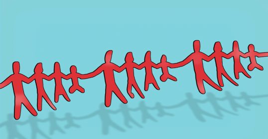 A family holding hands on a blue background.