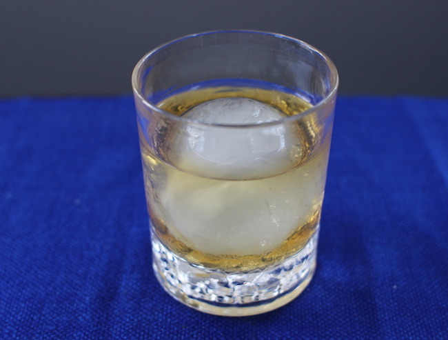 Classic, Hefty â€œRocksâ€ glass with whisky and ice.