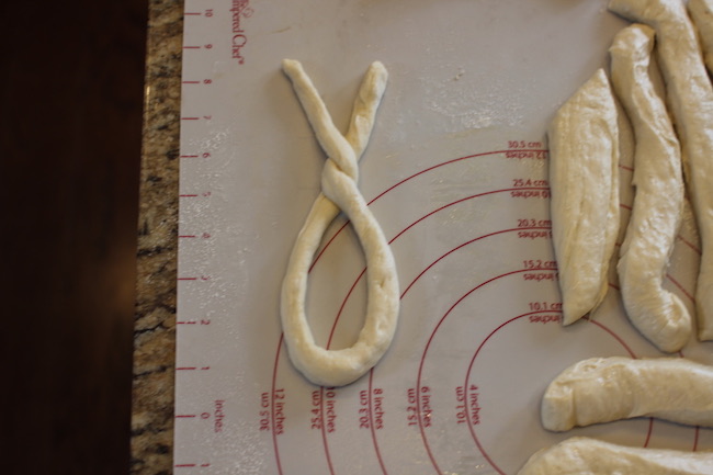 Dough transformed into round rope like structure.